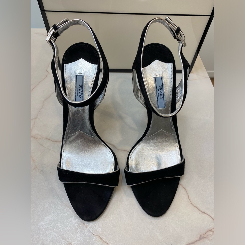 Prada black suede and silver sandal heel size 39